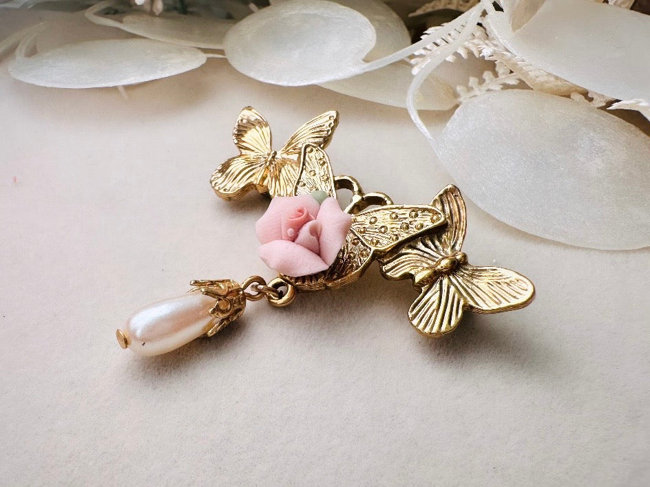 Gold Butterfly Brooch with Pink Porcelain Rose and Cream Pearl Teardrop, Romantic Vintage Coquette Victorian Revival Brooch Pin