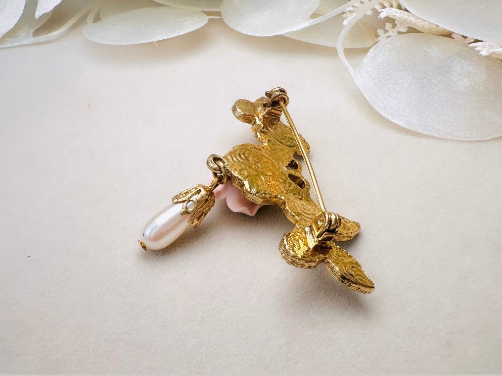 Gold Butterfly Brooch with Pink Porcelain Rose and Cream Pearl Teardrop, Romantic Vintage Coquette Victorian Revival Brooch Pin