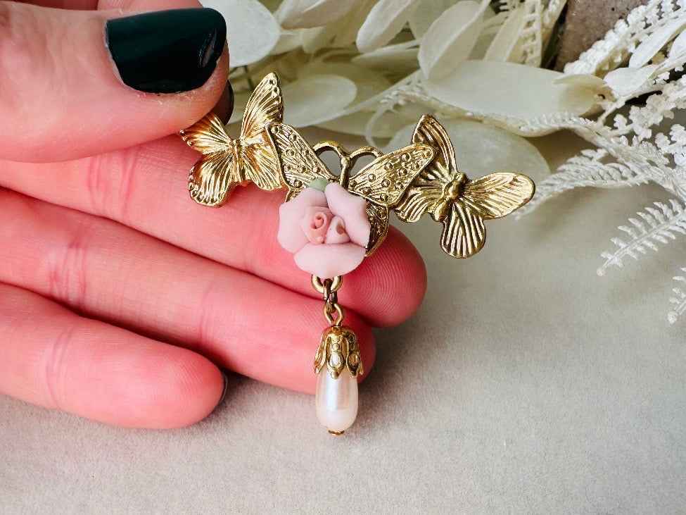 Gold Butterfly Brooch with Pink Porcelain Rose and Cream Pearl Teardrop, Romantic Vintage Coquette Victorian Revival Brooch Pin