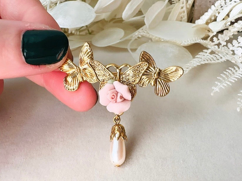 Gold Butterfly Brooch with Pink Porcelain Rose and Cream Pearl Teardrop, Romantic Vintage Coquette Victorian Revival Brooch Pin