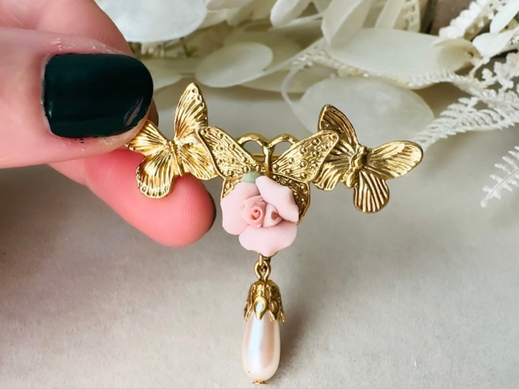 Gold Butterfly Brooch with Pink Porcelain Rose and Cream Pearl Teardrop, Romantic Vintage Coquette Victorian Revival Brooch Pin