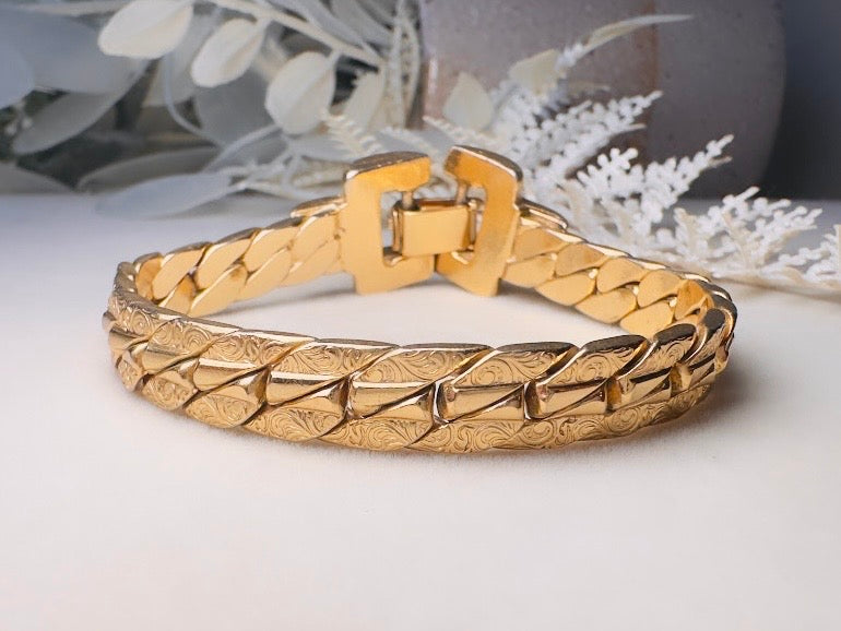Gold Chain Bracelet, Vintage Cuban Link Gold Bracelet with Filigree Embossing and Chunky Buckle Clasp