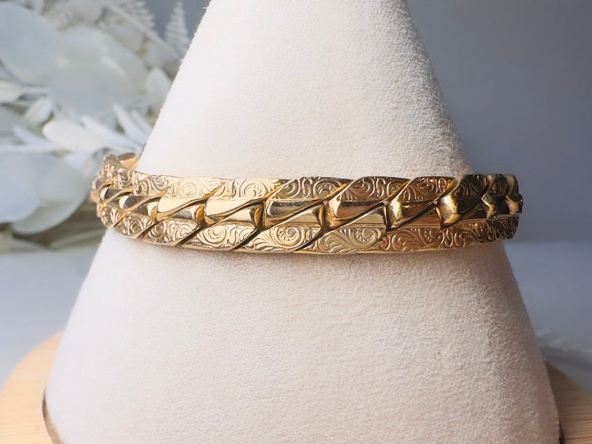 Gold Chain Bracelet, Vintage Cuban Link Gold Bracelet with Filigree Embossing and Chunky Buckle Clasp
