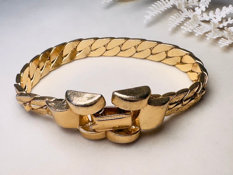 Gold Chain Bracelet, Vintage Cuban Link Gold Bracelet with Filigree Embossing and Chunky Buckle Clasp