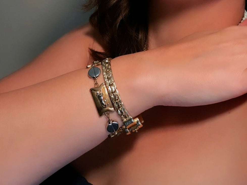 Gold Chain Bracelet, Vintage Cuban Link Gold Bracelet with Filigree Embossing and Chunky Buckle Clasp