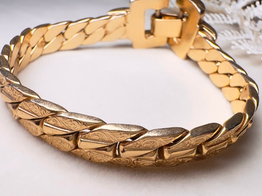 Gold Chain Bracelet, Vintage Cuban Link Gold Bracelet with Filigree Embossing and Chunky Buckle Clasp