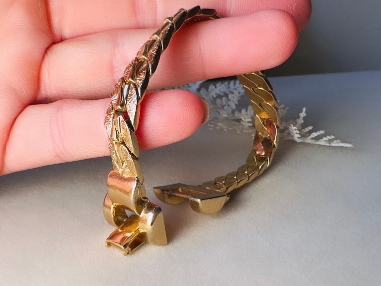 Gold Chain Bracelet, Vintage Cuban Link Gold Bracelet with Filigree Embossing and Chunky Buckle Clasp