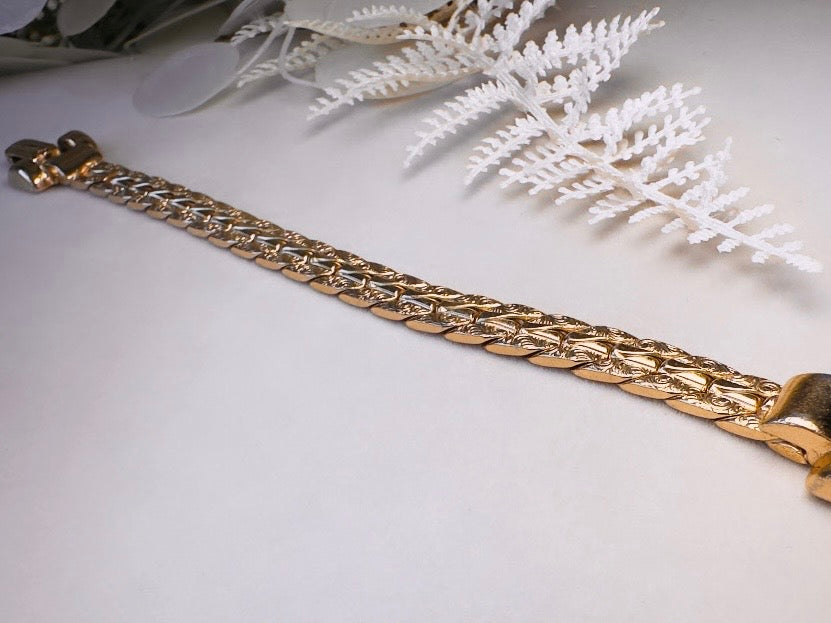 Gold Chain Bracelet, Vintage Cuban Link Gold Bracelet with Filigree Embossing and Chunky Buckle Clasp