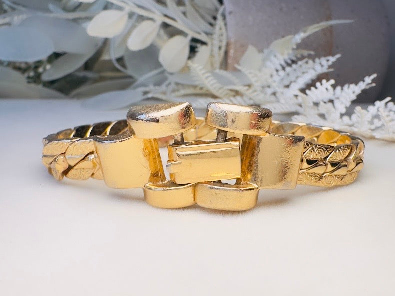 Gold Chain Bracelet, Vintage Cuban Link Gold Bracelet with Filigree Embossing and Chunky Buckle Clasp