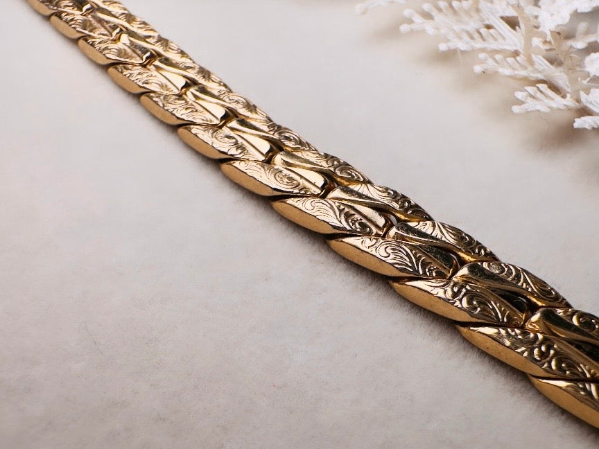 Gold Chain Bracelet, Vintage Cuban Link Gold Bracelet with Filigree Embossing and Chunky Buckle Clasp