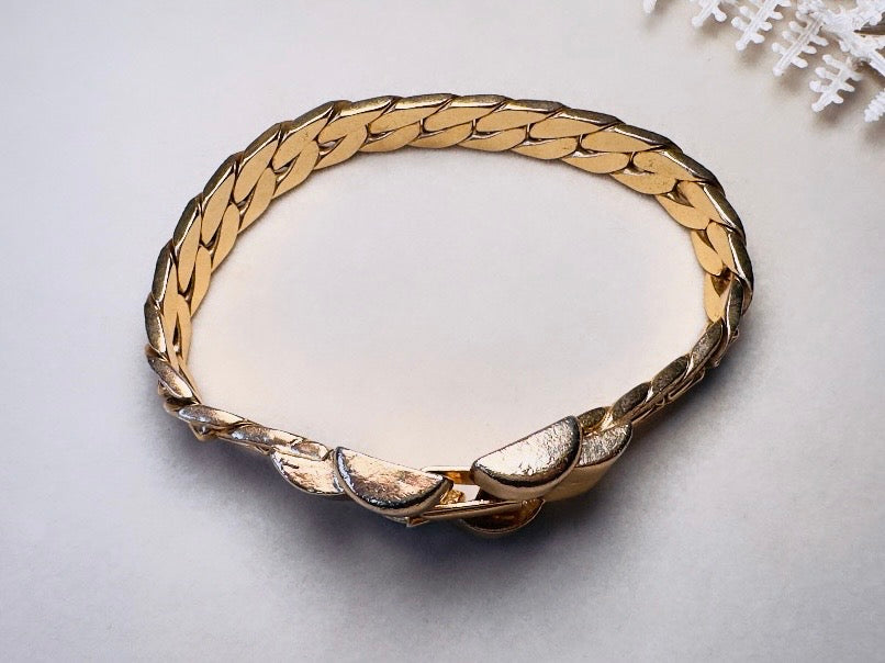 Gold Chain Bracelet, Vintage Cuban Link Gold Bracelet with Filigree Embossing and Chunky Buckle Clasp