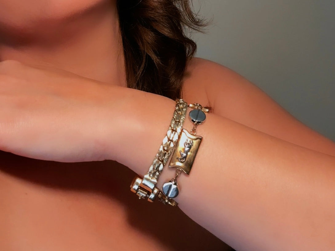 Gold Chain Bracelet, Vintage Cuban Link Gold Bracelet with Filigree Embossing and Chunky Buckle Clasp