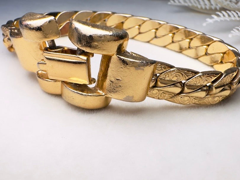 Gold Chain Bracelet, Vintage Cuban Link Gold Bracelet with Filigree Embossing and Chunky Buckle Clasp