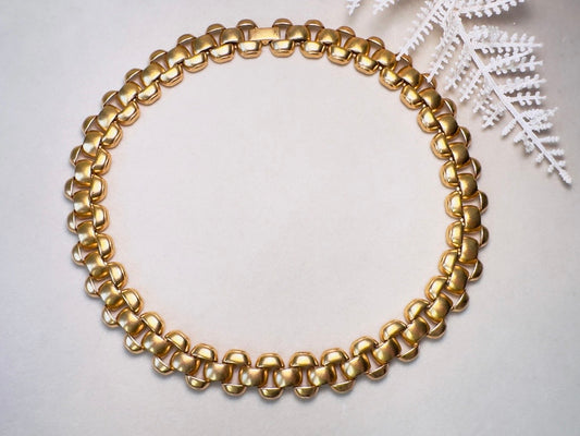 Gold Chain Necklace, Vintage Erwin Pearl Chunky Satin Gold Puffed Link Collar Necklace
