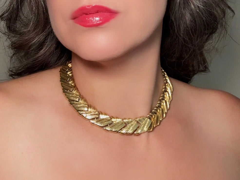 Gold Chevron Collar Necklace, Vintage Basket Weave Choker, Chunky Gold Woven Necklace, Articulated Thick Chain Statement Necklace