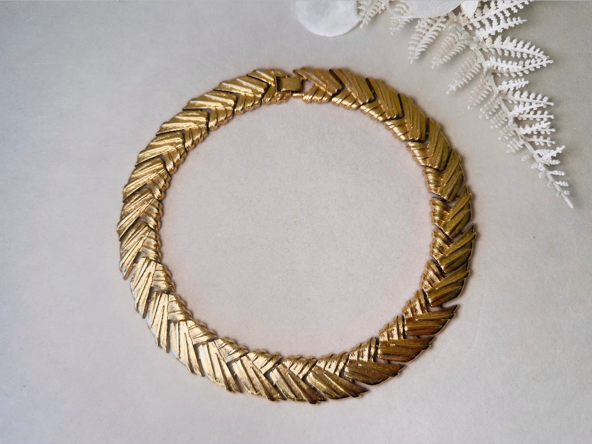 Gold Chevron Collar Necklace, Vintage Basket Weave Choker, Chunky Gold Woven Necklace, Articulated Thick Chain Statement Necklace