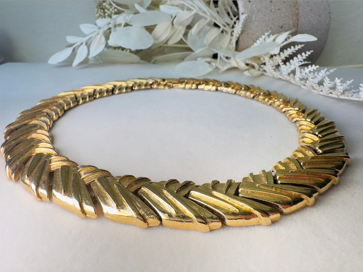 Gold Chevron Collar Necklace, Vintage Basket Weave Choker, Chunky Gold Woven Necklace, Articulated Thick Chain Statement Necklace