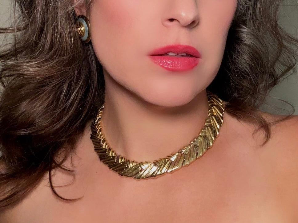 Gold Chevron Collar Necklace, Vintage Basket Weave Choker, Chunky Gold Woven Necklace, Articulated Thick Chain Statement Necklace