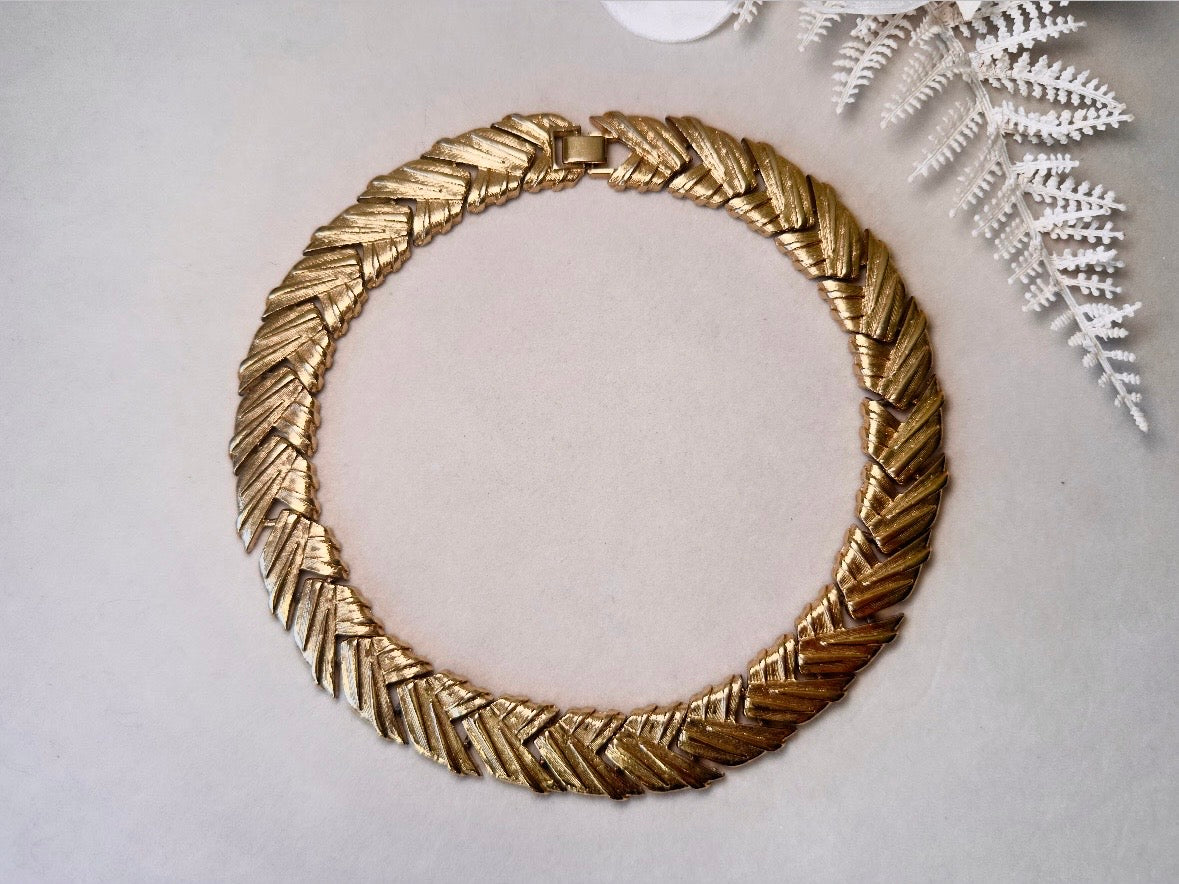 Gold Chevron Collar Necklace, Vintage Basket Weave Choker, Chunky Gold Woven Necklace, Articulated Thick Chain Statement Necklace