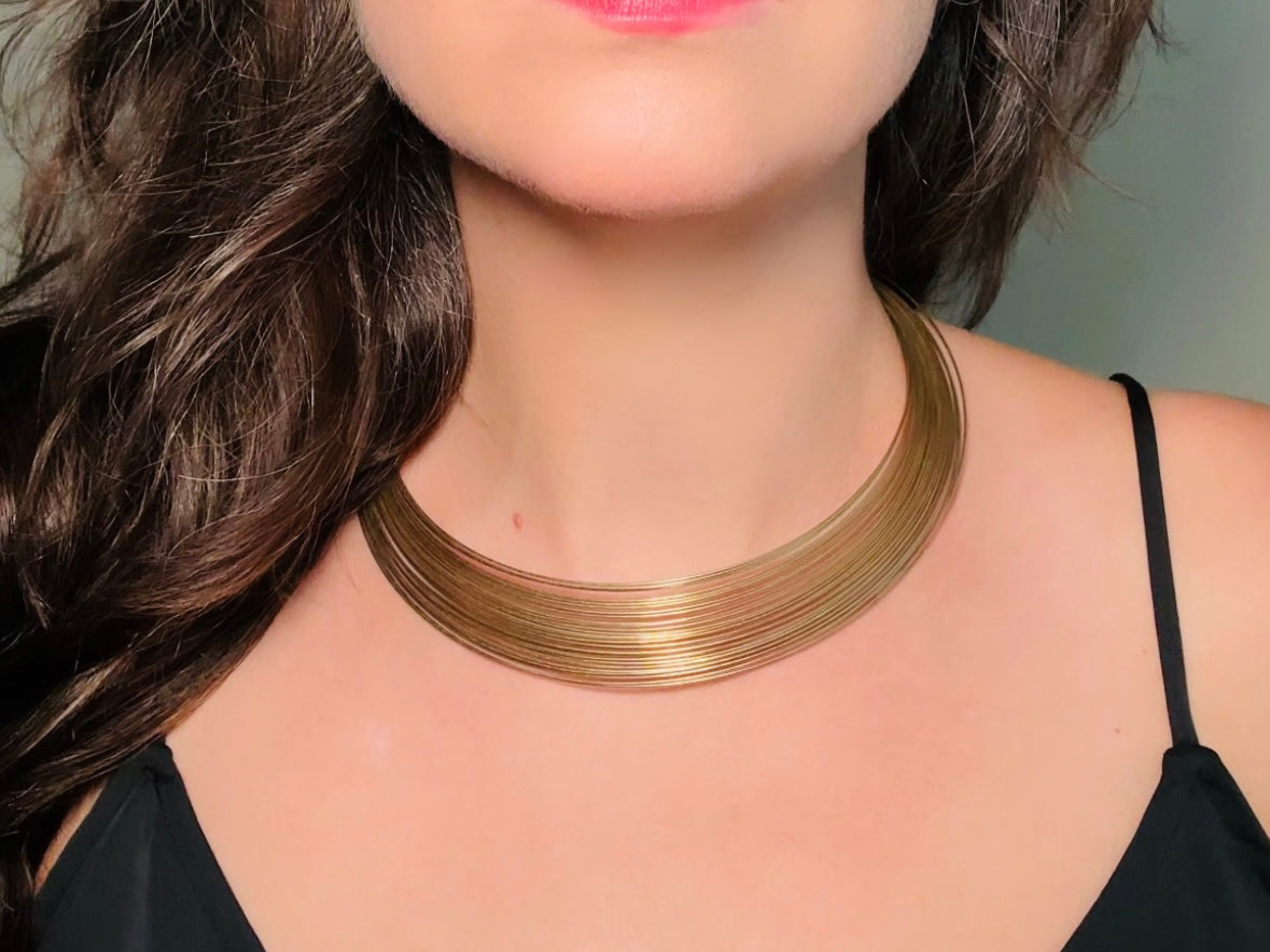 Gold Choker Necklace, Vintage 1970s Gold Wire Collar Necklace modelled