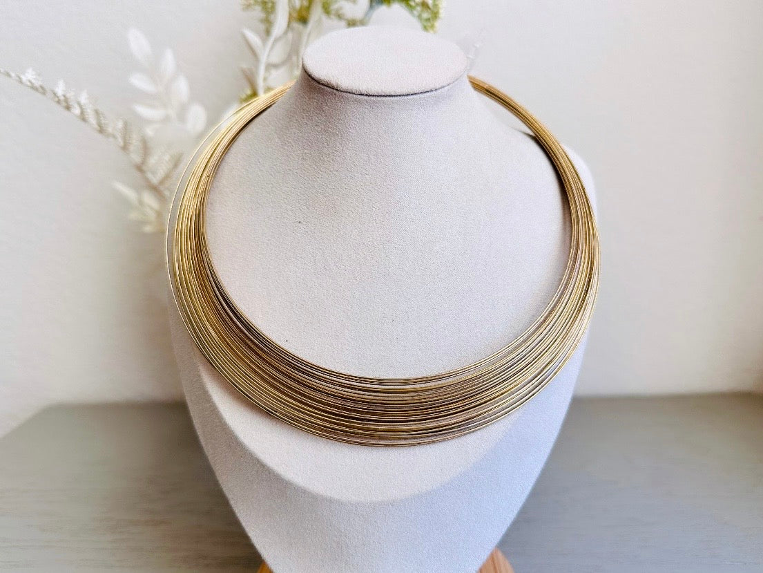 Gold Choker Necklace, Vintage 1970s Gold Wire Collar Necklace on display