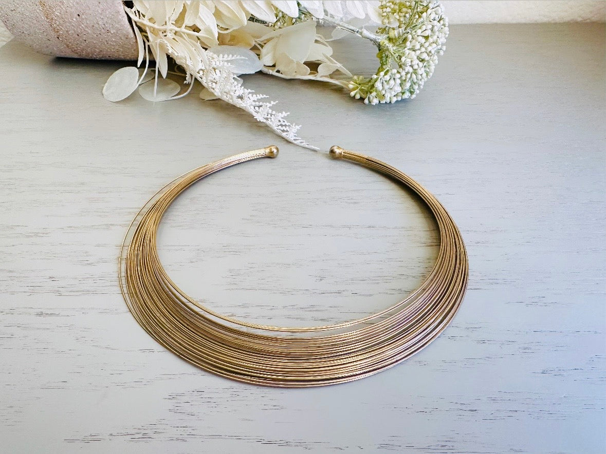 Gold Choker Necklace, Vintage 1970s Gold Wire Collar Necklace front view