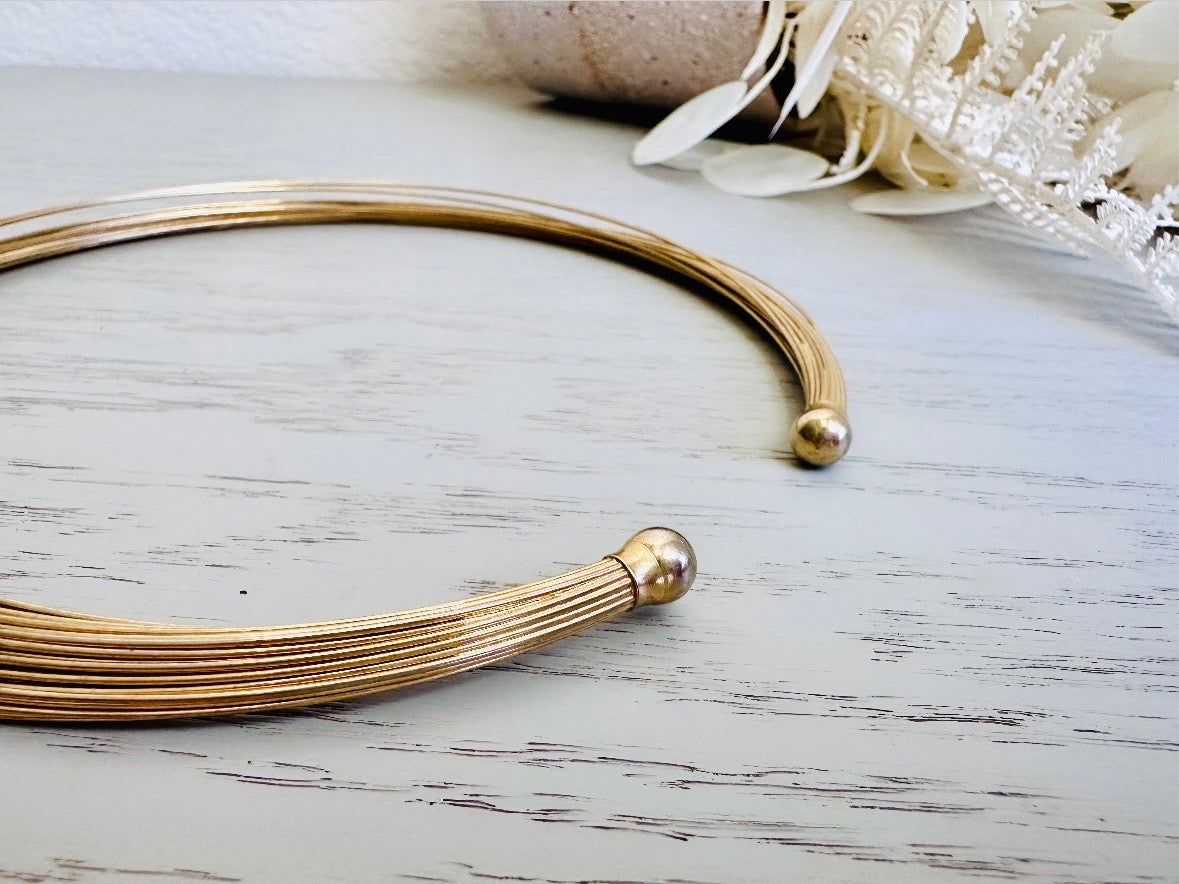Gold Choker Necklace, Vintage 1970s Gold Wire Collar Necklace ball ends