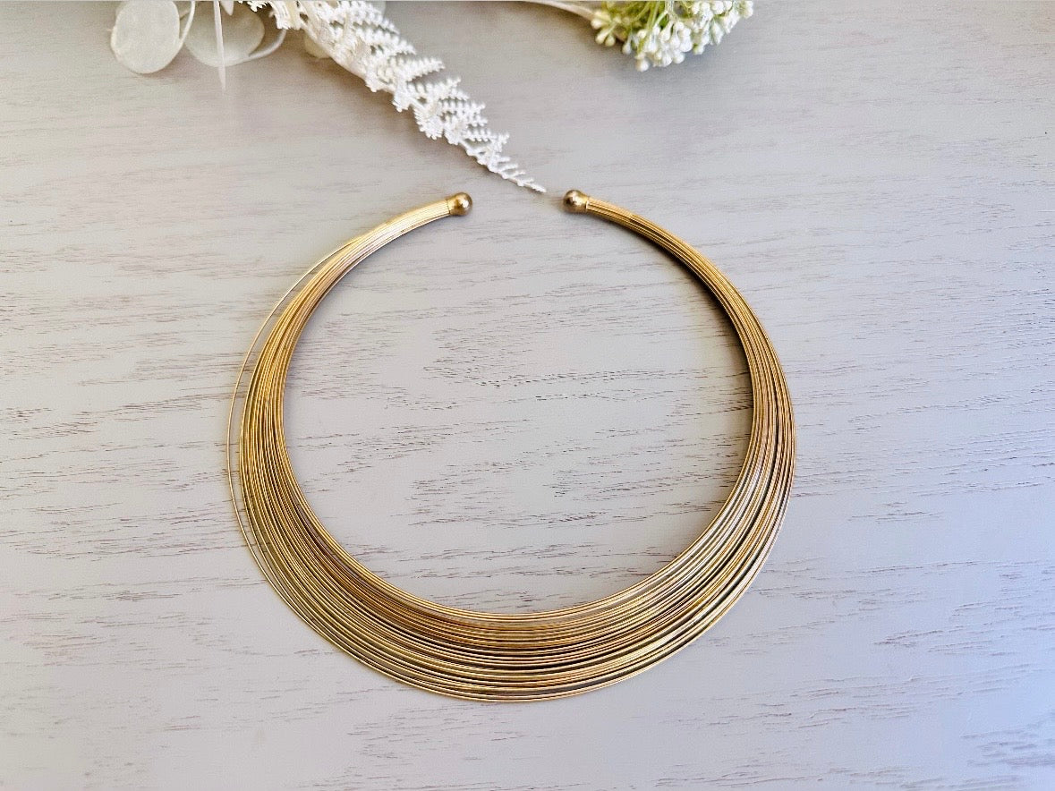 Gold Choker Necklace, Vintage 1970s Gold Wire Collar Necklace top view angle