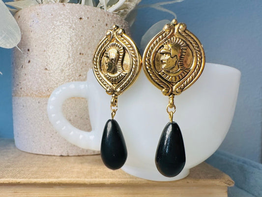 Gold Coin Earrings, Vintage Napier 1970s Roman Earrings, Gold Medallion and Black Drop Earrings, Etruscan Style Teardrop Earrings