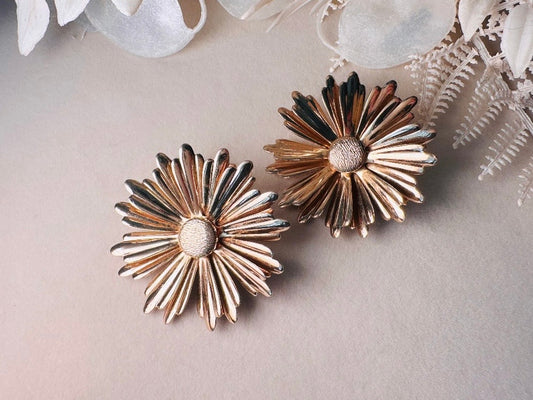 Gold Daisy Earrings, Big 1960s Vintage Flower Earrings, Huge Floral Clip On Statement Earrings