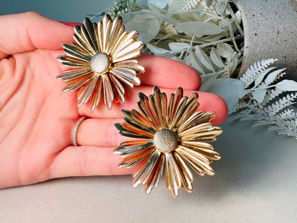 Gold Daisy Earrings, Big 1960s Vintage Flower Earrings, Huge Floral Clip On Statement Earrings