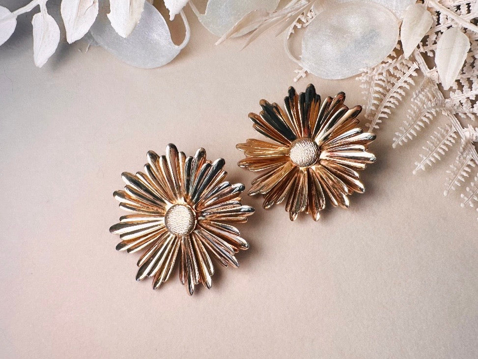 Gold Daisy Earrings, Big 1960s Vintage Flower Earrings, Huge Floral Clip On Statement Earrings