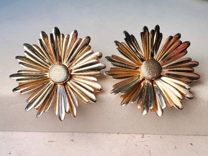 Gold Daisy Earrings, Big 1960s Vintage Flower Earrings, Huge Floral Clip On Statement Earrings