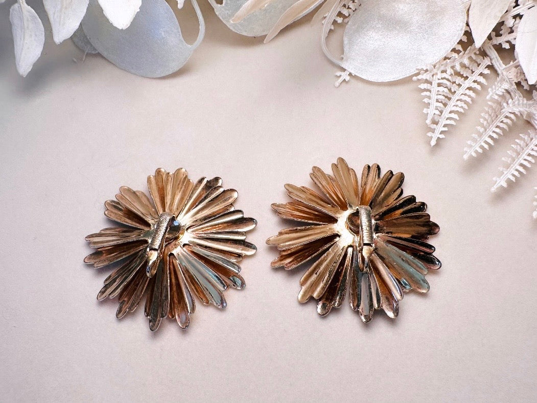 Gold Daisy Earrings, Big 1960s Vintage Flower Earrings, Huge Floral Clip On Statement Earrings