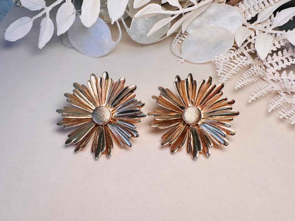 Gold Daisy Earrings, Big 1960s Vintage Flower Earrings, Huge Floral Clip On Statement Earrings