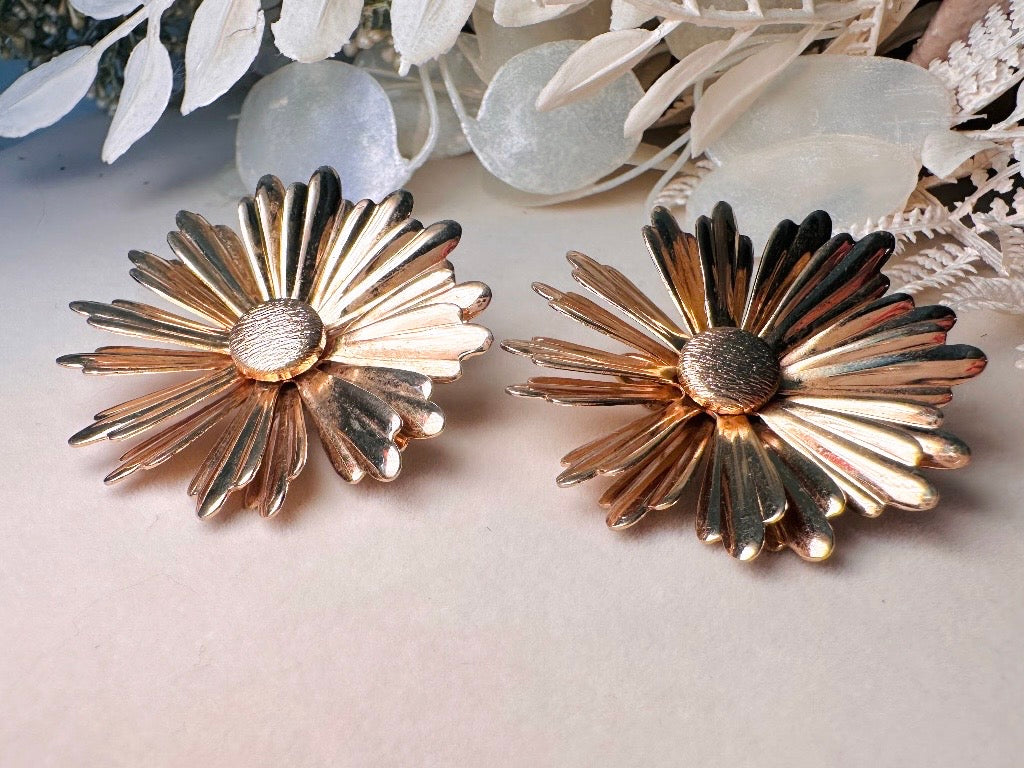 Gold Daisy Earrings, Big 1960s Vintage Flower Earrings, Huge Floral Clip On Statement Earrings