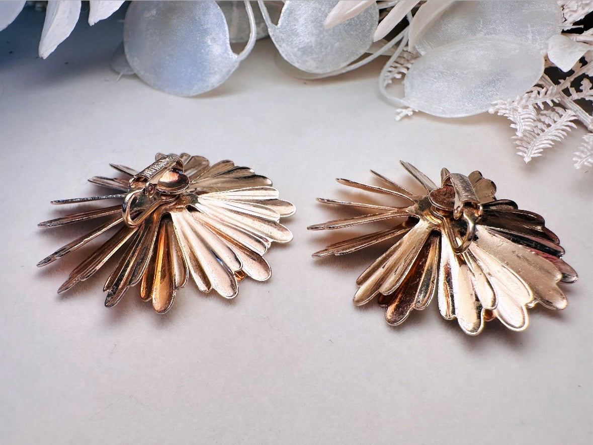 Gold Daisy Earrings, Big 1960s Vintage Flower Earrings, Huge Floral Clip On Statement Earrings