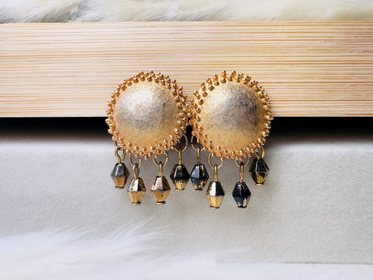 Gold Disc Earrings with Bronze Crystals, Etruscan Vintage 70s Trifari Earrings, Dainty Chandelier Clip Ons