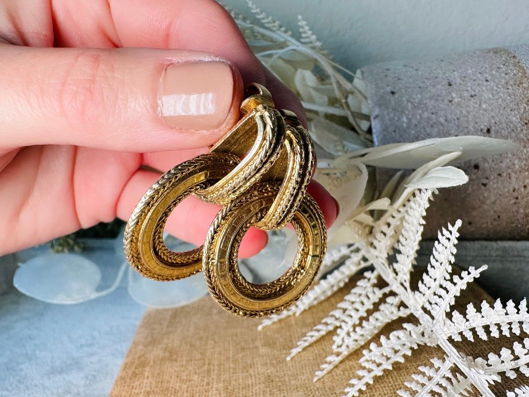 Gold Door Knocker Earrings, Etruscan Vintage Textured Gold Hoop Clip On Earrings