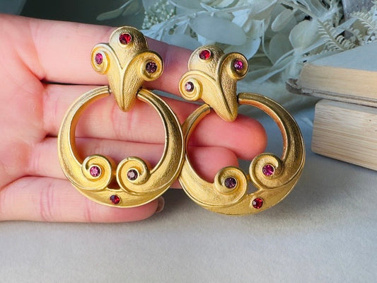 Gold Door Knocker Earrings with Red and Pink Crystals, Vintage Statement Earrings, Bold Brushed Gold Hoop Clip On Earrings