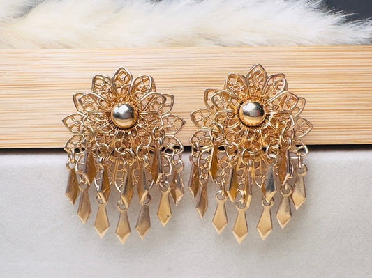 Gold Filigree Earrings with Tassel Charms, Vintage 60s Statement Earrings, Gold Lace Clip Ons