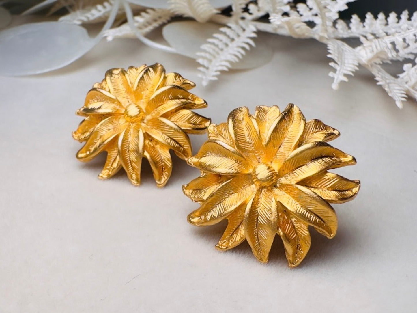Gold Flower Earrings, Vintage Floral Textured Gold Pierced Post Earrings