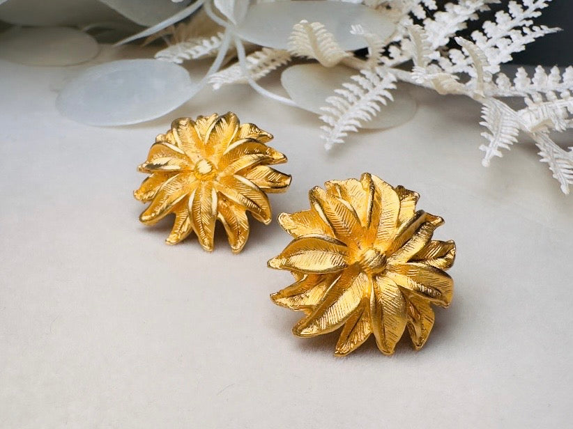 Gold Flower Earrings, Vintage Floral Textured Gold Pierced Post Earrings