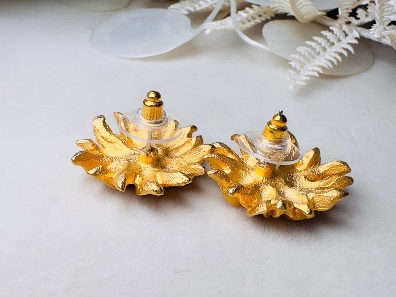 Gold Flower Earrings, Vintage Floral Textured Gold Pierced Post Earrings