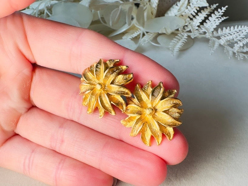 Gold Flower Earrings, Vintage Floral Textured Gold Pierced Post Earrings
