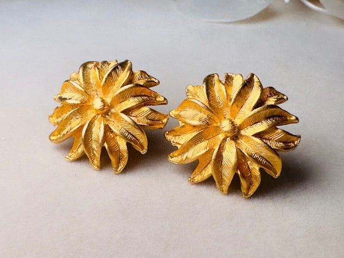 Gold Flower Earrings, Vintage Floral Textured Gold Pierced Post Earrings