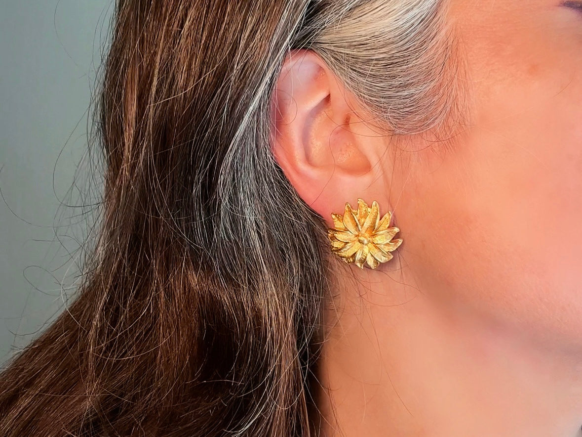 Gold Flower Earrings, Vintage Floral Textured Gold Pierced Post Earrings