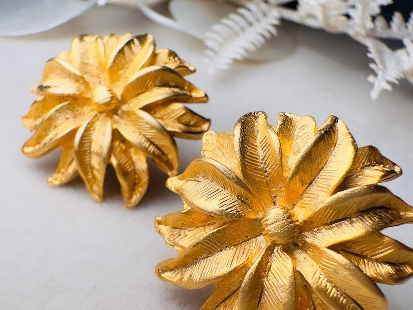 Gold Flower Earrings, Vintage Floral Textured Gold Pierced Post Earrings