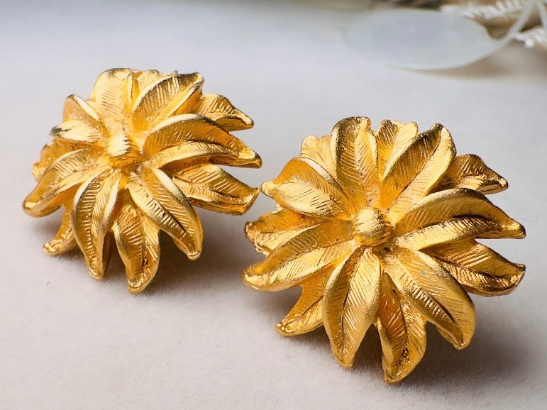 Gold Flower Earrings, Vintage Floral Textured Gold Pierced Post Earrings