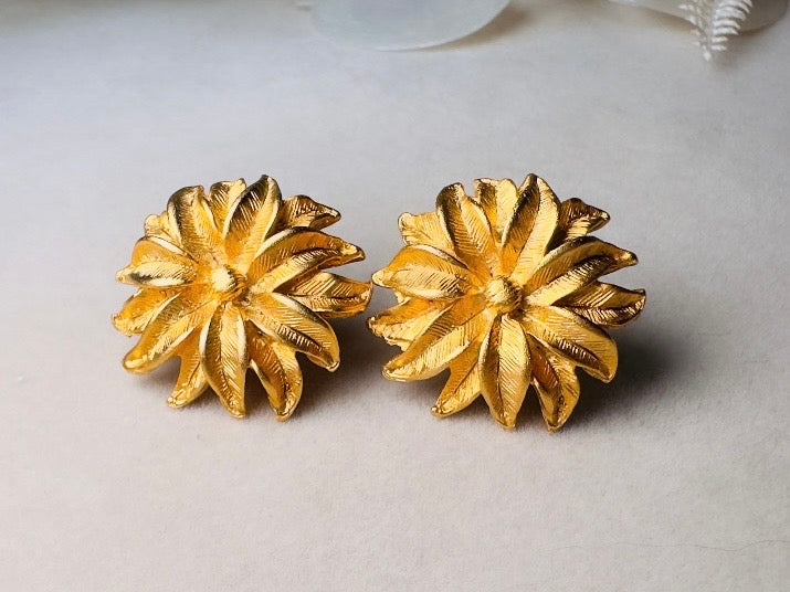 Gold Flower Earrings, Vintage Floral Textured Gold Pierced Post Earrings